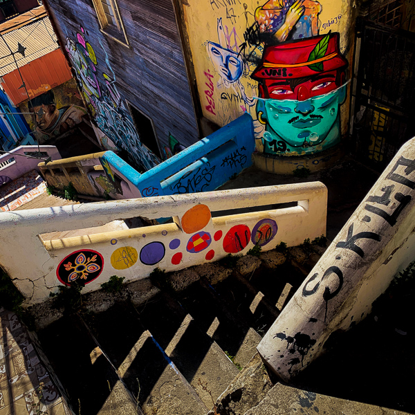 The Escalera Mondaca staircase, decorated with graffiti artworks, is seen on Cerro Panteón hill in Valparaíso, Chile.